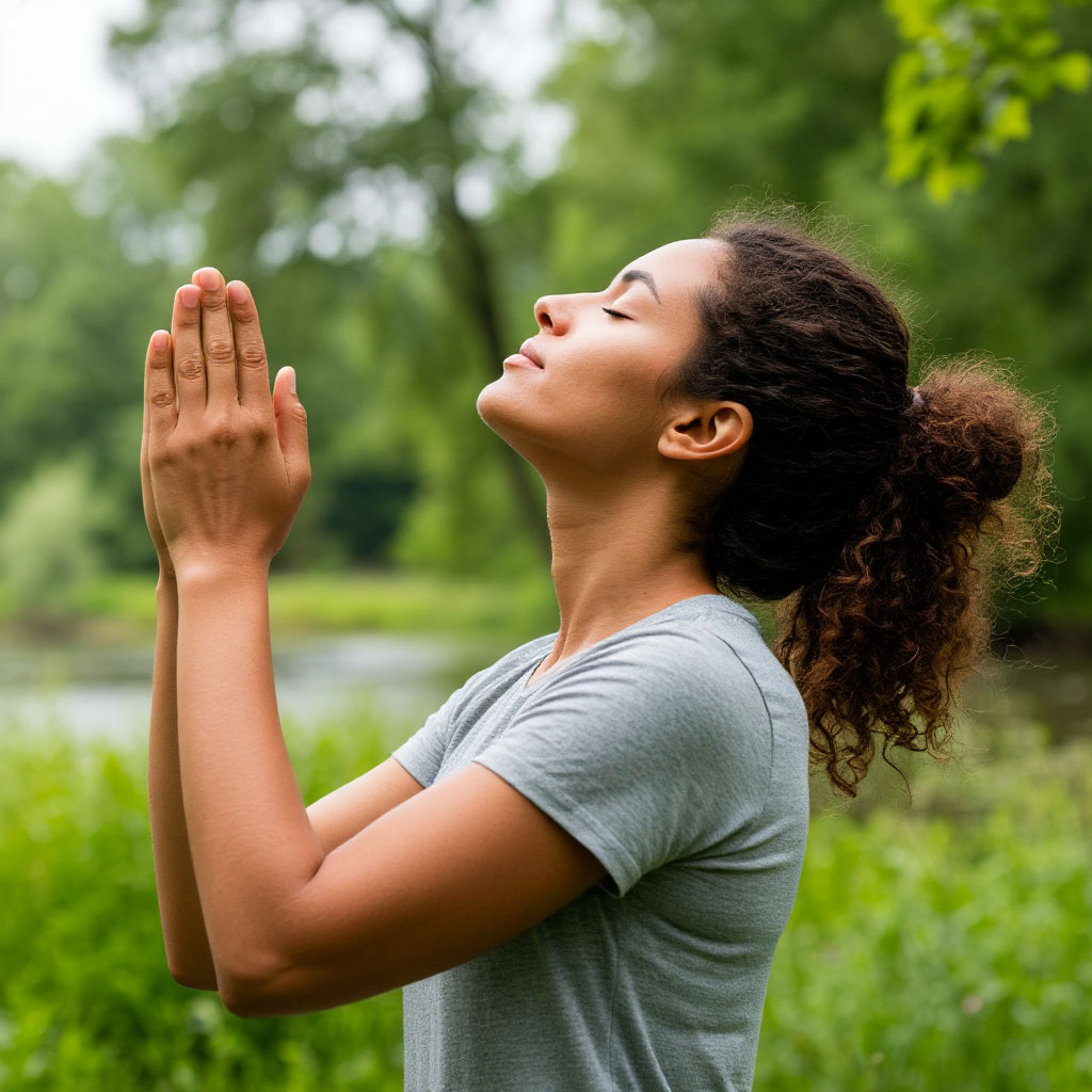 Person practicing mindful breathing outdoors